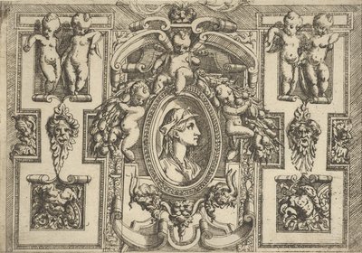Buste van een vrouw in profiel naar rechts, geplaatst in een sierlijk kader met putti, ..., ca. 1540-80 door Battista del Moro