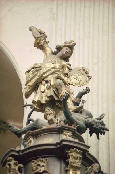 Preekstoel, ook wel Preekstoel van Waarheid genoemd, detail: St. Michael en de draak, 1749 door Bavarian school