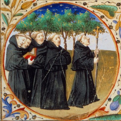 Scène uit het kloosterleven. Detail dat monniken van de orde van de Augustijnen voorstelt. Miniatuur uit 