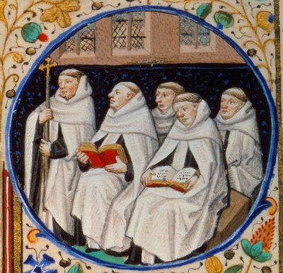 Scène uit het kloosterleven. Detail van monniken van de orde van de Carmen. Miniatuur uit 