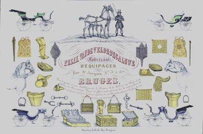 Advertentie voor Felix Van de Velde-Decaluwe, fabrikanten van paard-en-wagens, Brugge, België (kleur litho) door Belgian School