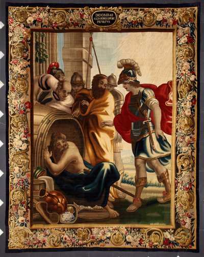 Diogene en Alexander: ontmoeting tussen de Griekse filosoof Diogene de Sinope (413-327 v.Chr.) in zijn ton en koning Alexander de Grote (356-323 v.Chr.) in Korinthe. Toen de veroveraar hem vroeg wat hij wilde, antwoordde Diogene: "Neem een beetje van mijn  door Belgian School