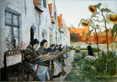 Kantklossers in de tuin van een bejaardentehuis in Brugge door Belgian School