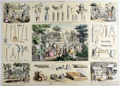 Educatieve afbeelding van tuinieren, met illustraties van tuingereedschap en scènes die de juiste activiteiten voor elk seizoen tonen door Belin and Bethmont