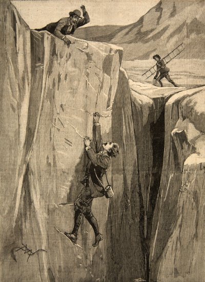 Een toerist hangend in een spleet in de Alpen, uit 