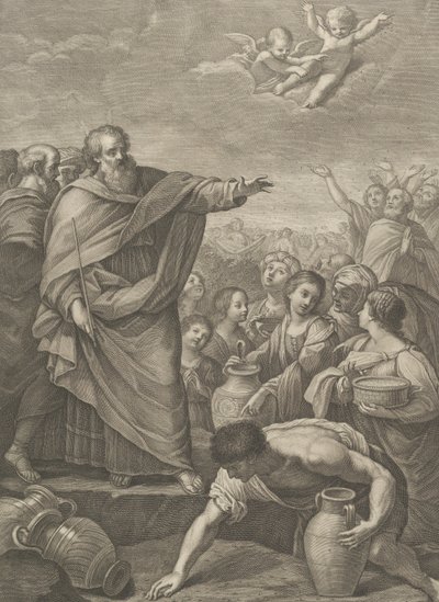 Mozes links met de Israëlieten die manna verzamelen terwijl het uit de lucht valt, twee engelen erboven, 1776 door Benedetto Eredi