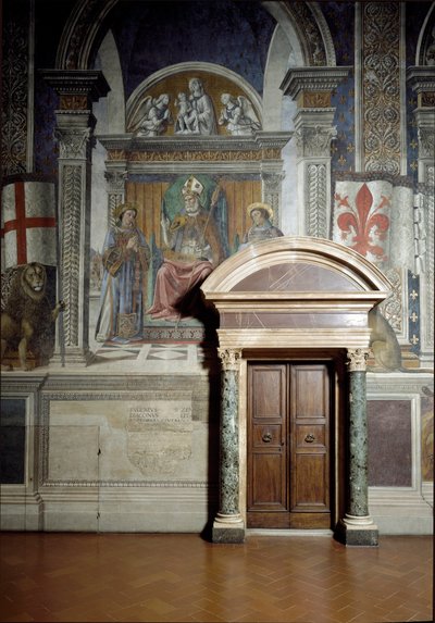 Sint Zanobius, Sint Laurentius en Sint Stefanus (Zaal van Lelies) (fresco) door Benedetto da Maiano