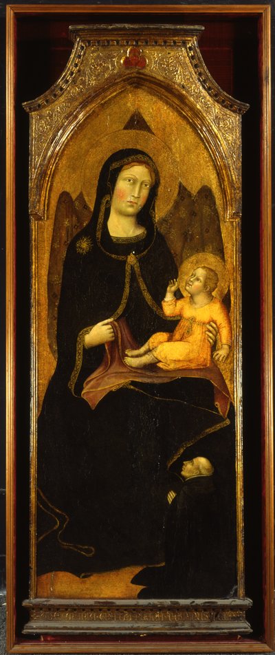 Madonna en Kind met schenker, paneel van het hoogaltaar van SS. Domenico e Giacomo, Bevagna, 1416 door Benedetto di Bindo