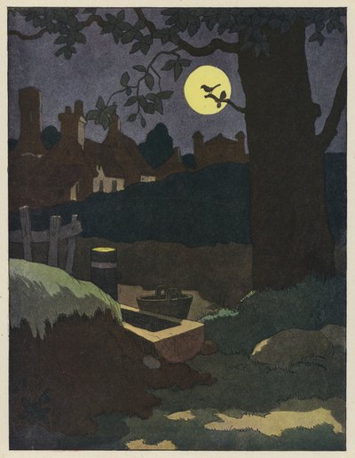 Vogel op een tak silhouet tegen de volle maan door Benjamin Rabier