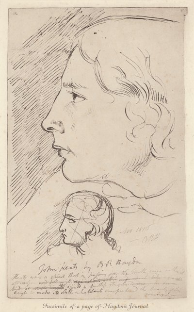 Schets van de Engelse dichter John Keats uit het dagboek van de Engelse kunstenaar Benjamin Haydon (litho) door Benjamin Robert (after) Haydon