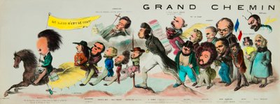 De grote rit van de posteriteit. (Monte op de romantische Pegasus, Victor Hugo (1802-1885), koning van de Hugolatres, bewapend met zijn goede Toledo-blad en dragend de banier van Notre-Dame de Paris, nam Theophile Gautier (1811-1872), Bernard Adolphe Grani door Benjamin Roubaud