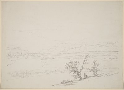 Een Alpenlandschap met een paar zittend bij bomen met uitzicht op een vallei door Benjamin West