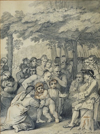 De Indianen Leveren de Engelse Gevangenen Over aan Kolonel Bouquet bij zijn kamp aan de samenvloeiing van Muskingum, Noord-Amerika in november 1764, c.1769 door Benjamin West