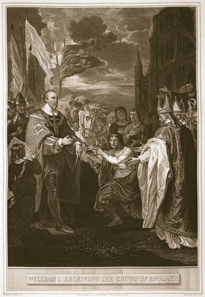 Willem I ontvangt de kroon van Engeland, gegraveerd door George Noble, illustratie uit David Hume