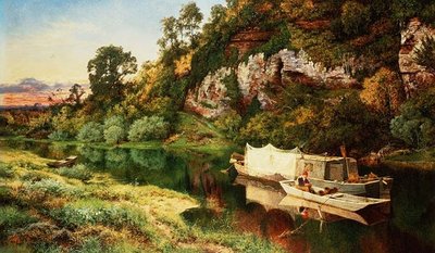 Een Rivierlandschap met een Visser die Aalkooien Maakt door Benjamin Williams Leader