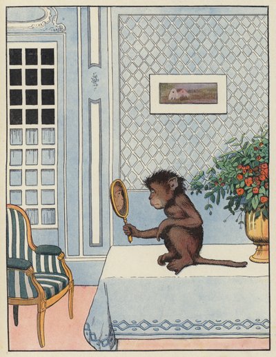Aap kijkt naar zijn spiegelbeeld in een spiegel door Benjamin Rabier