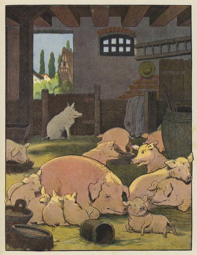 Varkens in een varkensstal door Benjamin Rabier