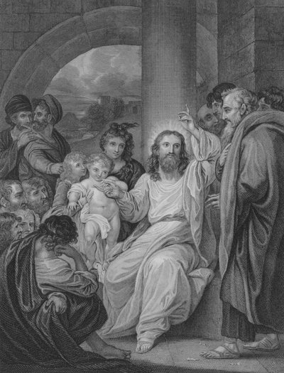 Kleine kinderen gebracht bij Christus, Marcus 10, Vers 13-17 door Benjamin after West