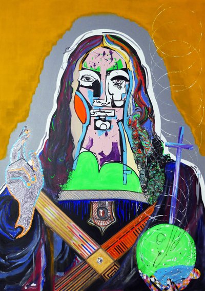 Surpeinture : Salvator Mundi, 2020 (olieverf, papier en acryl op doek) door Benoit Erwann Boucherot