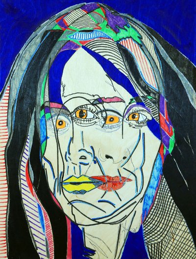 Surportret : Fanie Demeule, 2019 (olieverf en acryl op houtpaneel) door Benoit Erwann Boucherot