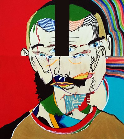 Surportret : Mathieu Leroux, 2021 (olieverf en acryl op 3 naast elkaar geplaatste houten panelen) door Benoit Erwann Boucherot