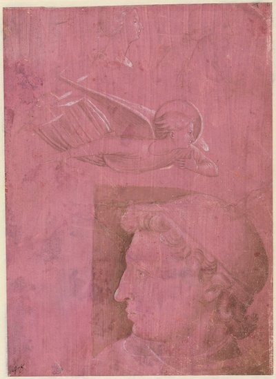 Hoofd van een Man, Twee Studies van een Vrouwenprofiel, en een Studie van een Engel (verso) door Benozzo Gozzoli
