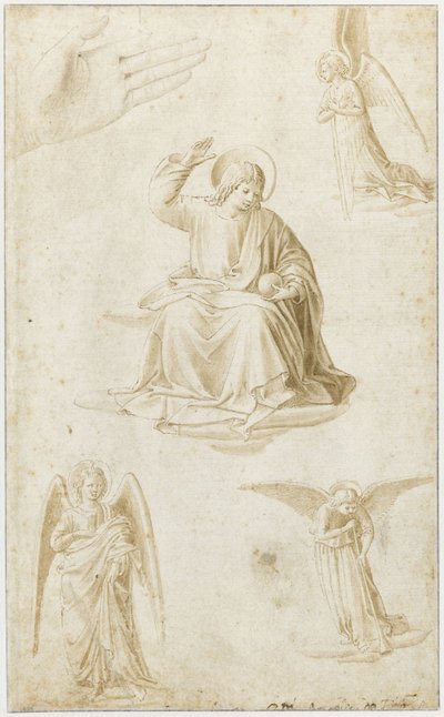 Studies van een hand, drie engelen en Christus als Salvator Mundi, tweede helft van de 15e eeuw door Benozzo Gozzoli