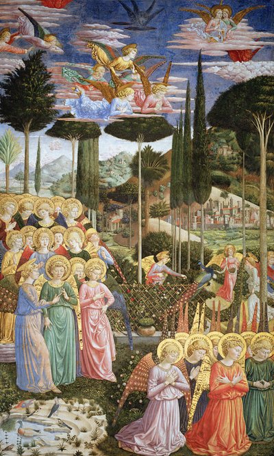 Engelen in een hemels landschap, de linkerwand van de apsis, uit de reis van de wijzen cyclus in de kapel c.1460 door Benozzo di Lese di Sandro Gozzoli