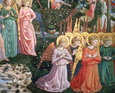 Engelen in een hemels landschap, de linkerwand van de apsis, uit de cyclus van de Reis van de Wijzen in de kapel (detail) door Benozzo di Lese di Sandro Gozzoli