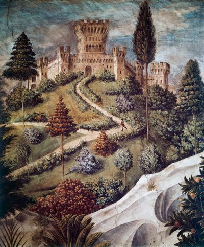 Kasteel, landschapsdetail van de Processie van de Wijzen door Benozzo di Lese di Sandro Gozzoli