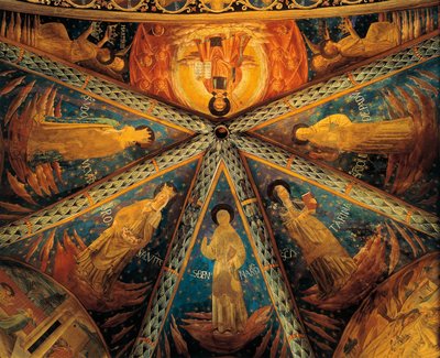 Italië, Montefalco, Gewelf van apsis van de kerk van Sint Franciscus geschilderd met heiligen door Benozzo di Lese di Sandro Gozzoli