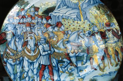 Majolica bord met Processie van de Wijzen, door Benozzo Gozzoli (circa 1420-1497), Gualdo Tadino handwerk, Umbrië, Italië door Benozzo di Lese di Sandro Gozzoli
