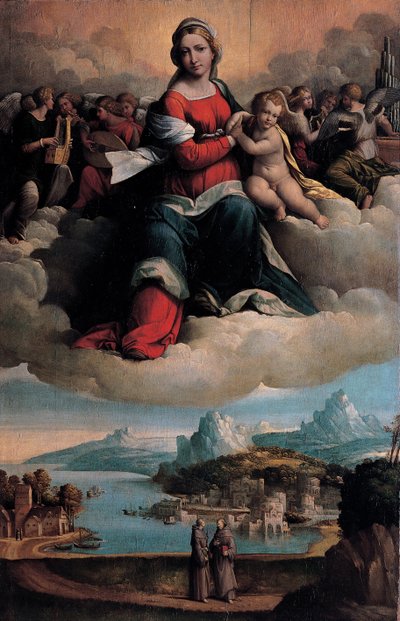 Madonna en Kind in Glorie met de Heiligen Antonius van Padua en Franciscus door Benvenuto Tisi da Garofalo
