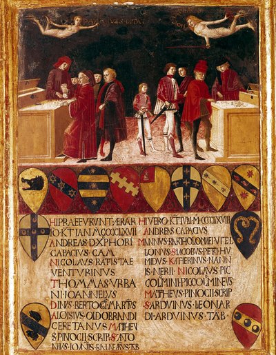 Allegorie van staatsfinanciën in oorlogstijd en vredestijd door Benvenuto di Giovanni
