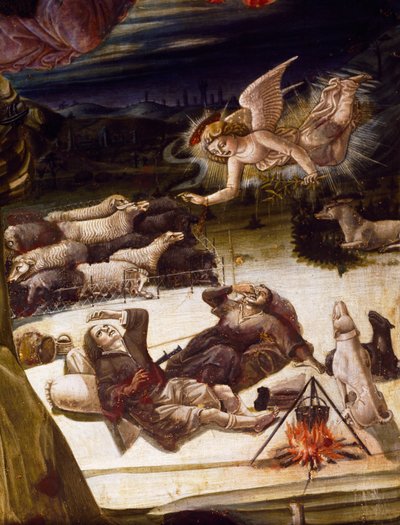 Een engel en herders (detail) van het altaarstuk van de Geboorte, door Benvenuto di Giovanni door Benvenuto di Giovanni
