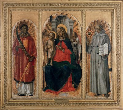 Drieluik, Maagd met kind met St. Leonard (of Stefanus) en St. Bernardino van Siena door Bernadino Jacobi Butinone
