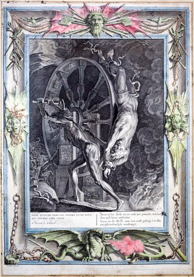 Ixion gebonden aan het eeuwig draaiende vurige wiel door Bernard (after) Picart