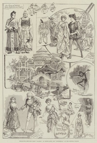 Karakter Schetsen van Aladdin in Drury-Lane, en Assepoester in het Crystal Palace door Bernard Partridge