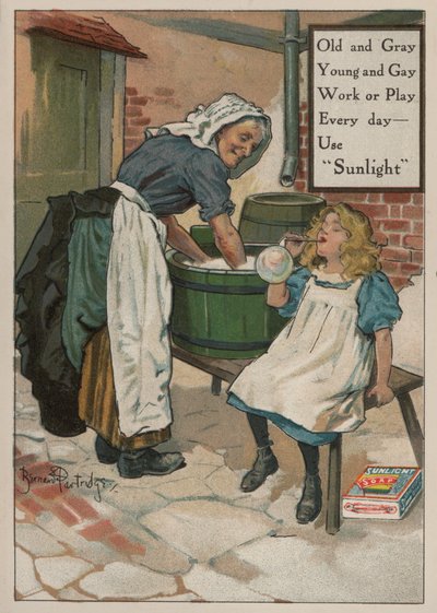 Meisje blaast bellen terwijl haar grootmoeder de was doet: advertentie voor Sunlight zeep door Bernard Partridge