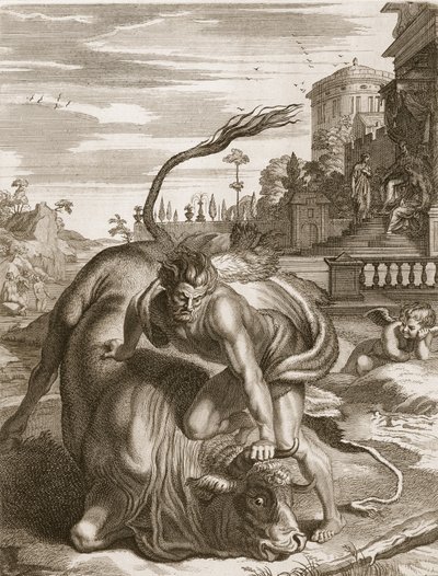Achelous in de vorm van een stier wordt overwonnen door Hercules, 1731 door Bernard Picart