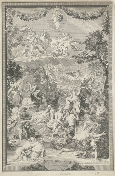 Allegorische titelpagina met verschillende scènes uit de metamorfosen van Ovidius en diens portret door Bernard Picart