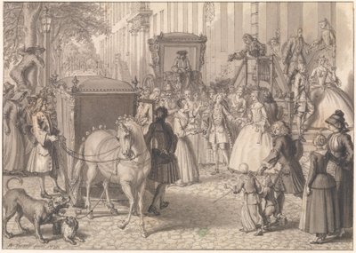 Begin van een huwelijksoptocht van een luthers paar door Bernard Picart