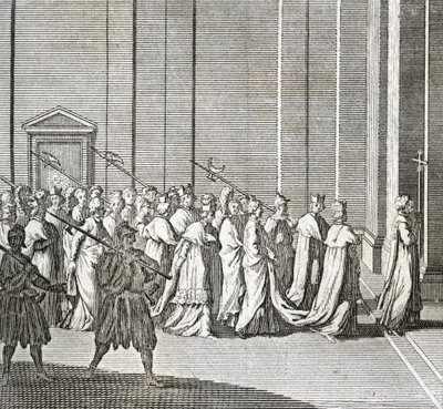 Verschillende stadia van het conclaaf, bijeenkomst van kardinalen voor de verkiezing van een nieuwe paus: de ingang van de kardinalen in de Sixtijnse kapel (Vaticaan: ingang van de kardinalen) Gravure uit "Illustratie van ceremonies en religieuze gebruiken door Bernard Picart
