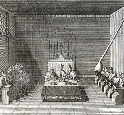 Verschillende stadia van het conclaaf, bijeenkomst van kardinalen voor de verkiezing van een nieuwe paus: de verkiezing van de nieuwe paus tijdens het conclaaf in de Sixtijnse kapel, Vaticaan: stembiljetten van de kardinalen voor de verkiezing van de paus) door Bernard Picart