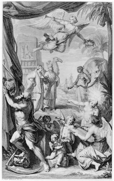 Frontispice van Voyages...par le Muscovie, en Perse, et aux Indes Orientales, 1718 door Bernard Picart