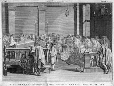 Hogepriester van Israël die behoort tot de Joodse priesterlijke families die hun vaderlijke lijn terugvoeren naar Aäron, geven hun zegen aan het Joodse volk. Gravure uit 