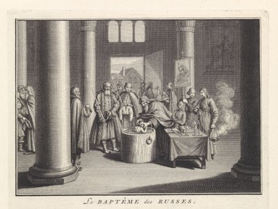 Kinderdoop in Rusland, 1732 door Bernard Picart