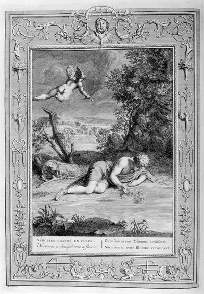 Narcissus verliefd op zijn eigen reflectie, 1733 door Bernard Picart