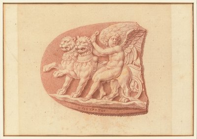 Een van vier studies naar cameeën, drie met klassieke profielportretten en een met een fragmentair reliëf van Cupido en twee leeuwen die een wagen trekken door Bernard Picart
