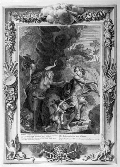 Orpheus, die Eurydice uit de Hel leidt, kijkt naar haar om en verliest haar voor altijd, 1733 door Bernard Picart